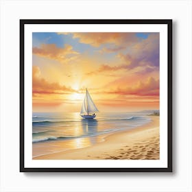 Sailboat On The Beach At Sunset Art Print