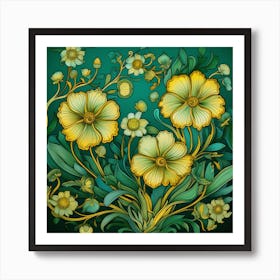 Yellow Flowers On A Green Background Art Print