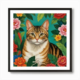 Frida Kahlo Two Cats Mexican Painting Botanical Floral Art Print Art Print