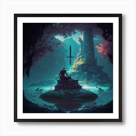 Myeera Giant Medieval Sword In The Stone Cyberpunk Style Ninja 1 Art Print