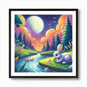 Rabbit Eating Grass By A Stream Art Print