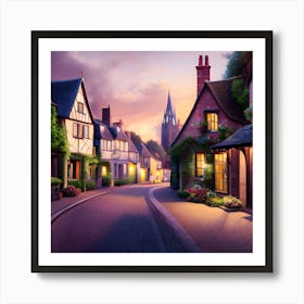 Village Street At Dusk Art Print