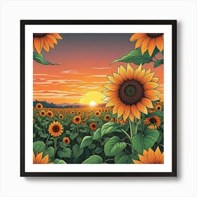 A Vibrant Field Of Sunflowers Stretching Towards The Horizon Under A Bright Sun A Poster Of Sunflowers In A Field With The Sun In The Background (1) Art Print