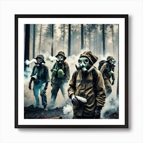 Group Of Soldiers In Gas Masks In The Forest Art Print