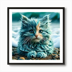 Blue Cat On The Beach Art Print