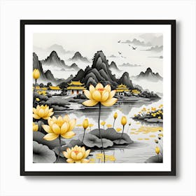 Chinese Landscape With Yellow Lotus Flowers Art Print