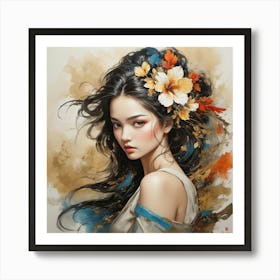 Chinese Girl With Flowers paintings art print Art Print