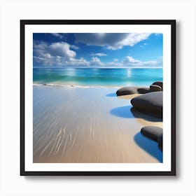 White Clouds, Turquoise Blue Sea, Sandy Beach Art Print