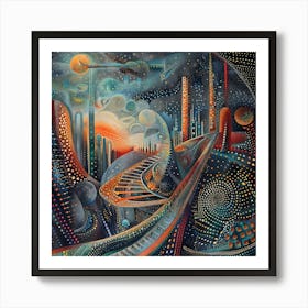 The City At Night, Tiny Dots, Pointillism Art Print