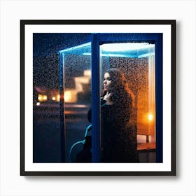 Firefly Street Photography, Beautiful Woman, Bus Shelter, Pensive, Evening, Wet, Rain, Glass, Neon L (8) Art Print