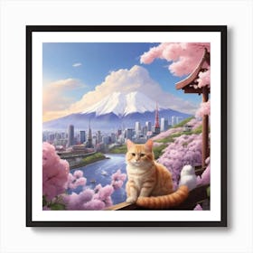 Cat And Cherry Blossoms Art Print