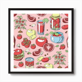 Tomato Seamless Pattern Juicy Tomatoes Food Sauce Ketchup Soup Paste With Fresh Red Vegetables Backdrop Illustration Organic Ingridients Vegetarians Diet Background Art Print