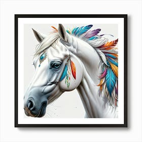 White Horse With Colorful Feathers Art Print