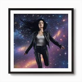 The Image Depicts A Woman Suspended In Midair Against A Backdrop Of Stars And Galaxies 3 Art Print