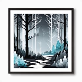 Forest At Night, Forest night,   Forest bathed in the warm glow of the moon, forest night illustration, forest art, sunset forest vector art, night, forest painting, dark forest, landscape painting, nature vector art, Forest night art, trees, pines, spruces, and firs, black, blue and white Art Print