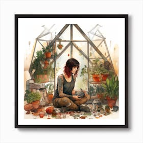 Redhead Girl In A Greenhouse With Plants Watercolour Art Print