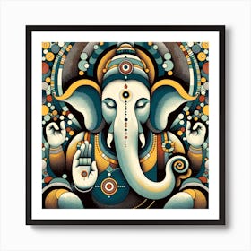 "Ornate Omnipresence: Ganesha's Celestial Embrace" - This piece is a stunning representation of Lord Ganesha, intricately detailed with a cosmic tapestry of dots and circles that create a mesmerizing mandala around the deity. The harmonious colors, featuring teal, ochre, and hints of warm oranges, convey wisdom and tranquility. The central figure of Ganesha, symbolizing knowledge and the removal of life's obstacles, is both grounding and uplifting. This artwork is a sanctuary of visual splendor, perfect for enhancing the spiritual ambiance of any room and serving as a daily reminder of Ganesha’s protective and guiding presence. Art Print