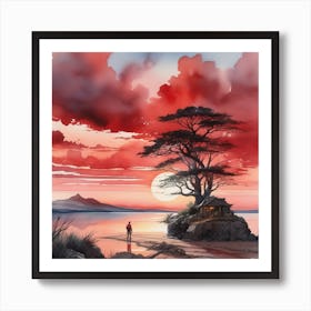 Red Watercolor sunset Art Print