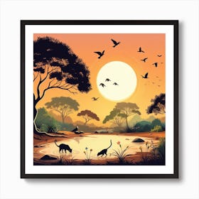 Savannah Landscape With Animals Art Print