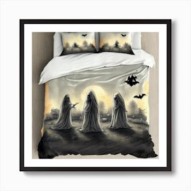 Three Ghouls Cute Bedsheet Ghosts, Countryside Vintage Style, Halloween Spooky Art Print Art Print