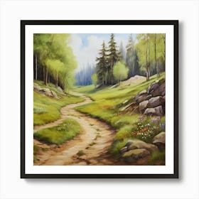 Road In The Woods.A dirt footpath in the forest. Spring season. Wild grasses on both ends of the path. Scattered rocks.Oil colors.16 Art Print