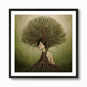 Firefly Fantasy, Woman, Tree, Elements, Green, Brown, Painting, Surreal, Speakeasy, Vibe, Realistic, (11) Art Print