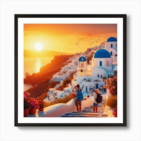 Sunset In Oia, Greece Art Print