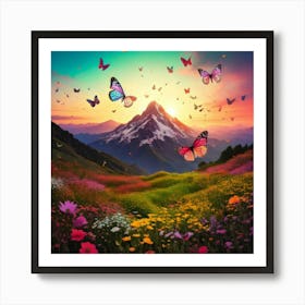 Firefly Mountain, Scenery, Nature, Sunrise, Butterfly, Wings, Paintbrush, Paints, Scattered, Small L (1) Art Print