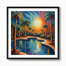 Tropical Sunset Serenity - Palm Trees and Reflective Water Canvas wall Art | Warm Sunrise Home Decor Print Art Print