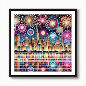 New Year’S Fireworks Skyline Printed Art A Stunning Illustration Of A City Skyline Lit Up By New Year’S Fireworks, Perfect For Bringing Excitement And Celebration To Any Space Printed Art Art Print