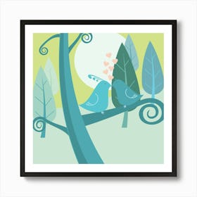 Birds Love Branch Cartoon Forest Heart Kiss Moon Tree Valentine Nature Couple Art Print