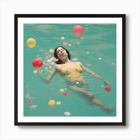 Woman Floating In Water With Flowers Art Print
