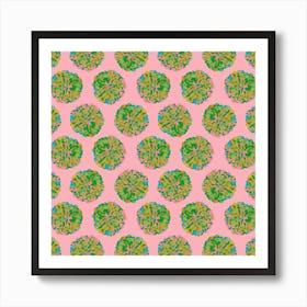 CHRYSANTHEMUMS Multi Abstract Polka Dot Floral Summer Bright Flowers in Green Blue Pink Yellow on Pale Pink Art Print