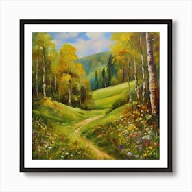 Birch Forest.Canada's forests. Dirt path. Spring flowers. Forest trees. Artwork. Oil on canvas. Art Print