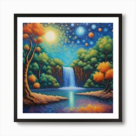 Waterfall At Night: Starry Night, Vibrant Landscape Art with Waterfall and Reflective Pond Art Print