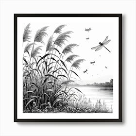 Line Art lake and reeds 3 Art Print