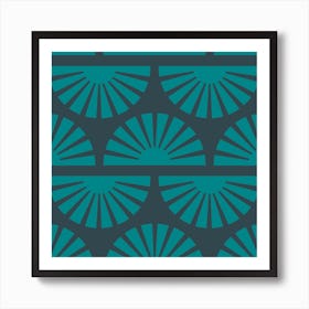 Geometric Pattern With Green Sunrise On Dark Blue Square Art Print