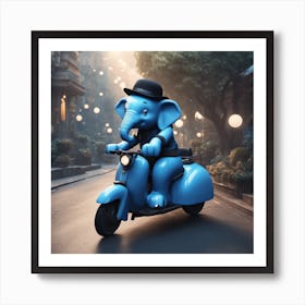 Blue Elephant On A Scooter 1 Art Print