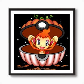 Chimchar In Pumpkin Ball - Pokemon Halloween Art Print
