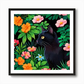 Black Cat In The Garden 1 Art Print