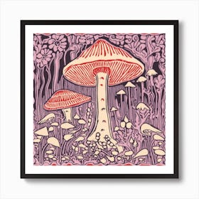 Mushroom Woodcut Purple 7 Art Print