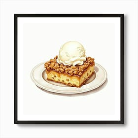 A Delicate Watercolor Portrait Of A Classic Apple Crisp With A Crumble Topping And Vanilla Ice Cream Art Print