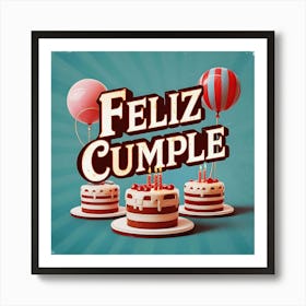 Feliz cumple and Feliz cumpleaños sign means Happy Birthday in Spanish language, Birthday party celebration gift with birthday cake candle colorful balloons best congratulation over light background wall artFeliz Cumple 49 Art Print