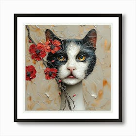 Cat With Red Flowers Art Print