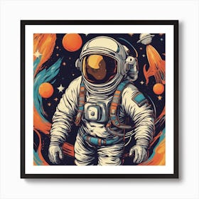 A Retro Style Astronaut Space, With Colorful Exhaust Flames And Stars In The Background Art Print