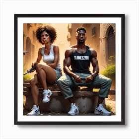 Man And Woman Sitting On A Bench Art Print