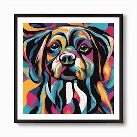 An Image Of A Dog With Letters On A Black Background, In The Style Of Bold Lines, Vivid Colors, Grap (3) Art Print