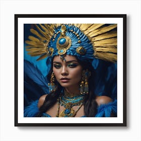 Beautiful Woman In Blue Feathers Art Print