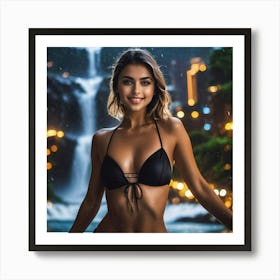 Beautiful Woman In Bikini Standing In Front Of Waterfallvhh Art Print