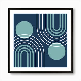 Mid Century Modern Geometric B27 In Navy Blue And Turquoise (Rainbow And Sun Abstract) 02 Art Print